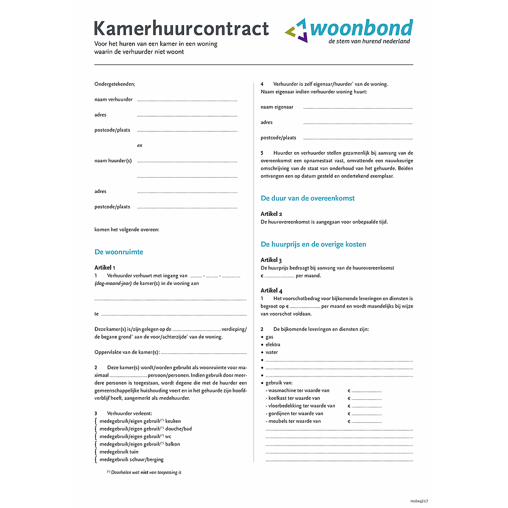 Huurcontract kamer(s) niet-inwoning (PDF)